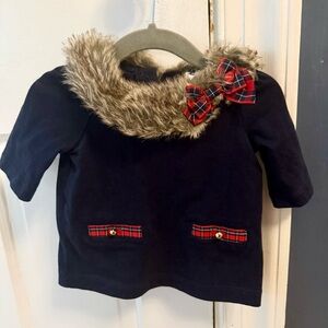 Janie and Jack Navy Top with Faux Fur and Plaid Christmas 3-6m Baby